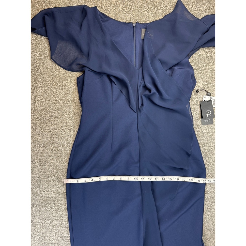 Adrianna Papell Dress 10 Navy Blue Crepe Chiffon Gown Ruffle V-Neck Maxi - Picture 7 of 15